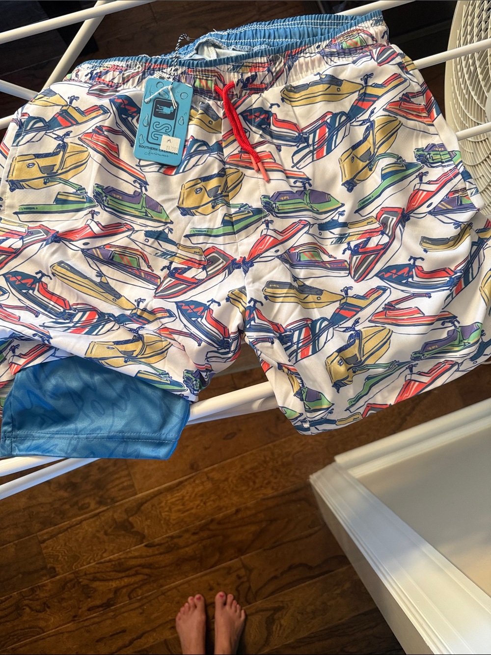 Men's White Jet Ski Print Swim Trunks with Blue Liner